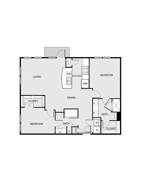 Floor plan for 2 beds, 2 baths, 1281 sqft